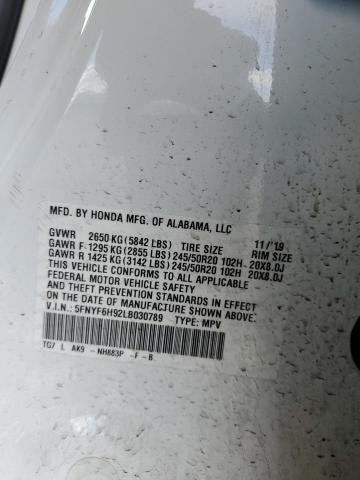 2020 HONDA PILOT TOUR 5FNYF6H92LB030789