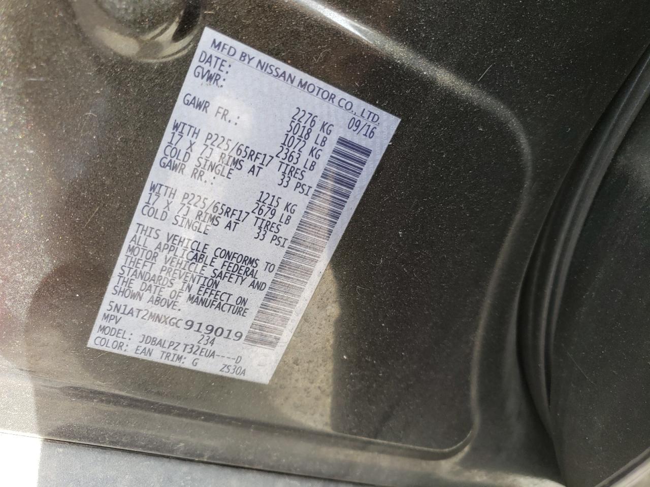5N1AT2MNXGC919019 NISSAN ROGUE 2016