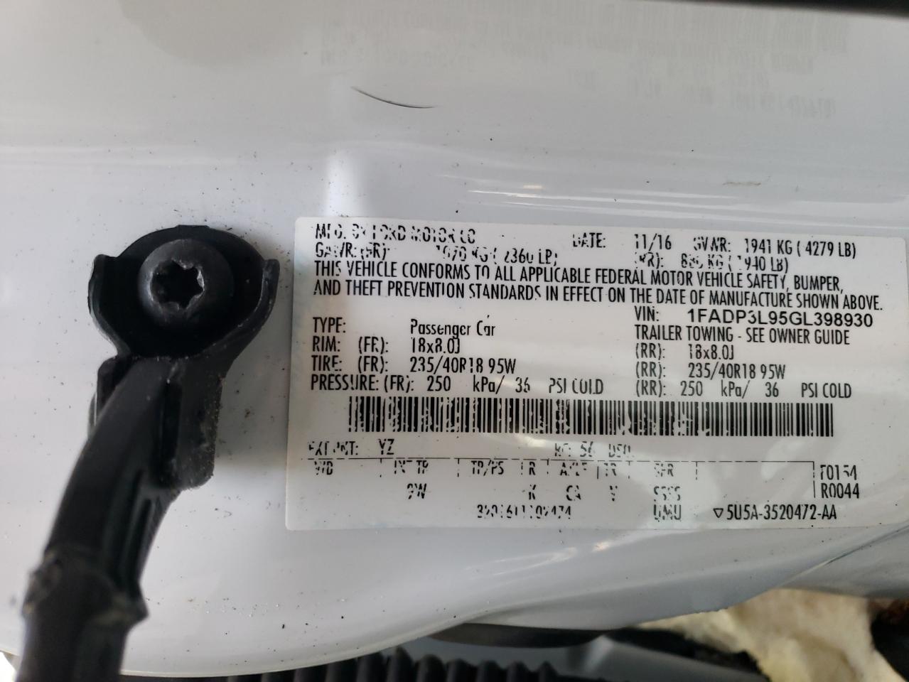 1FADP3L95GL398930 FORD FOCUS 2016