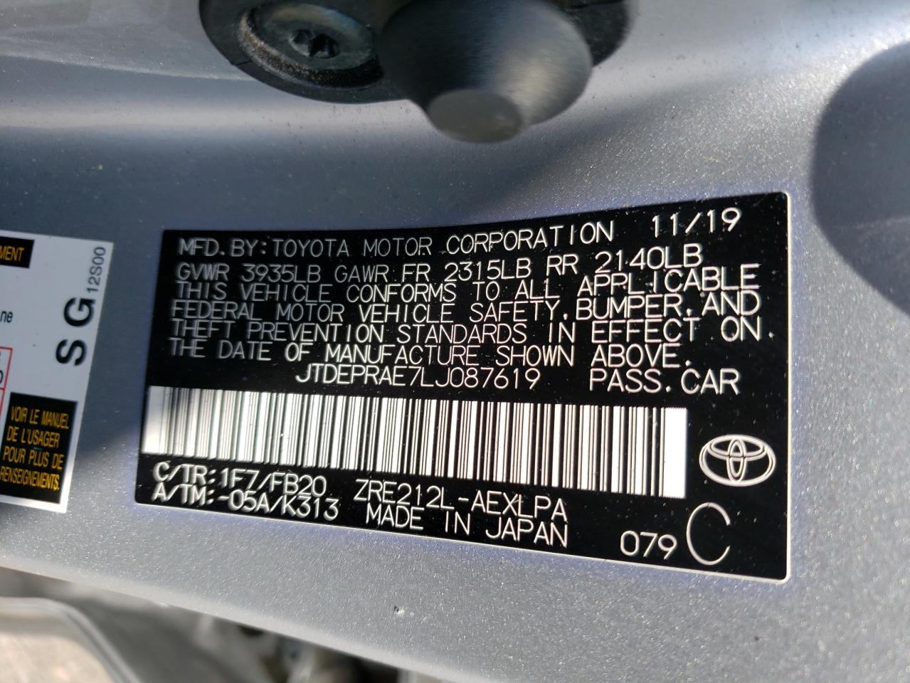 JTDEPRAE7LJ087619 TOYOTA COROLLA 2020