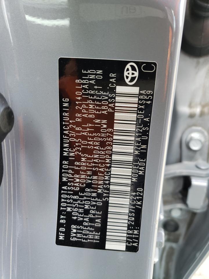 5YFS4MCE4MP083679 TOYOTA COROLLA 2021