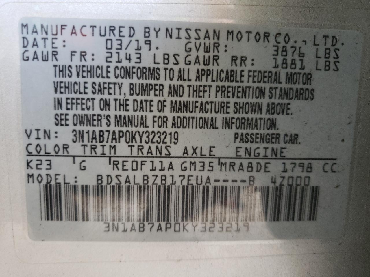 3N1AB7AP0KY323219 NISSAN SENTRA 2019