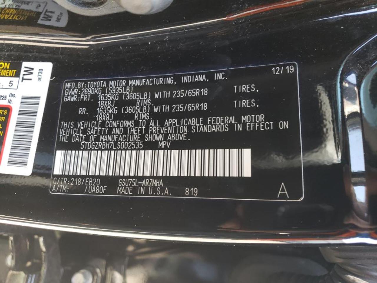 5TDGZRBH7LS002535 TOYOTA HIGHLANDER 2020