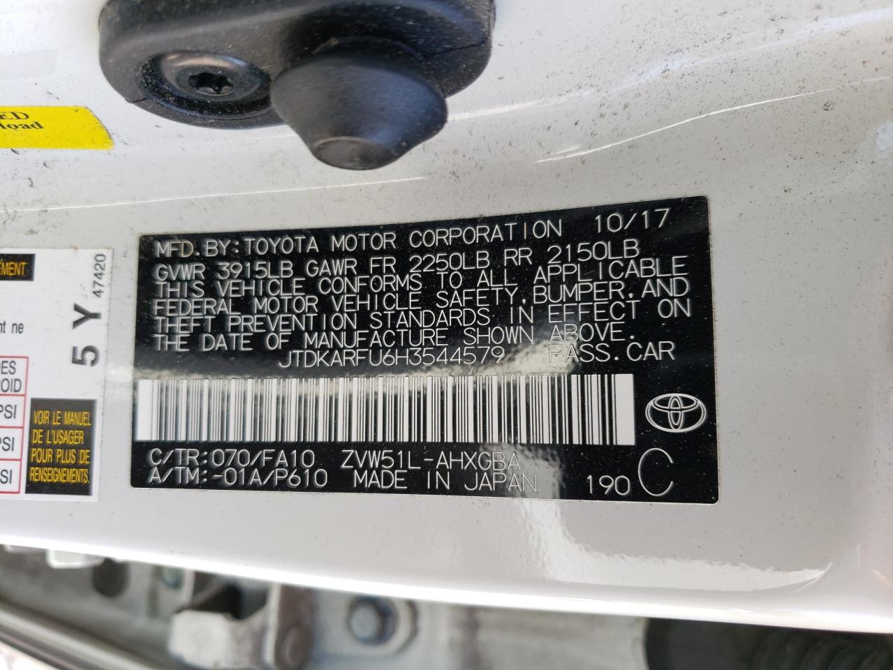 JTDKARFU6H3544579 TOYOTA PRIUS 2017