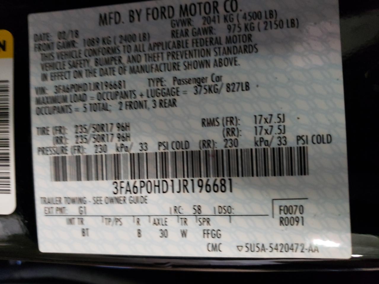 3FA6P0HD1JR196681 FORD FUSION 2018