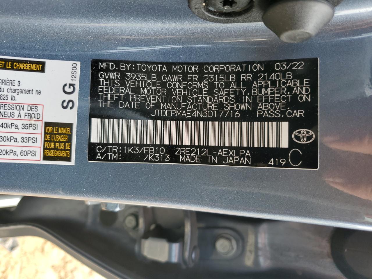 JTDEPMAE4N3017716 TOYOTA COROLLA 2022
