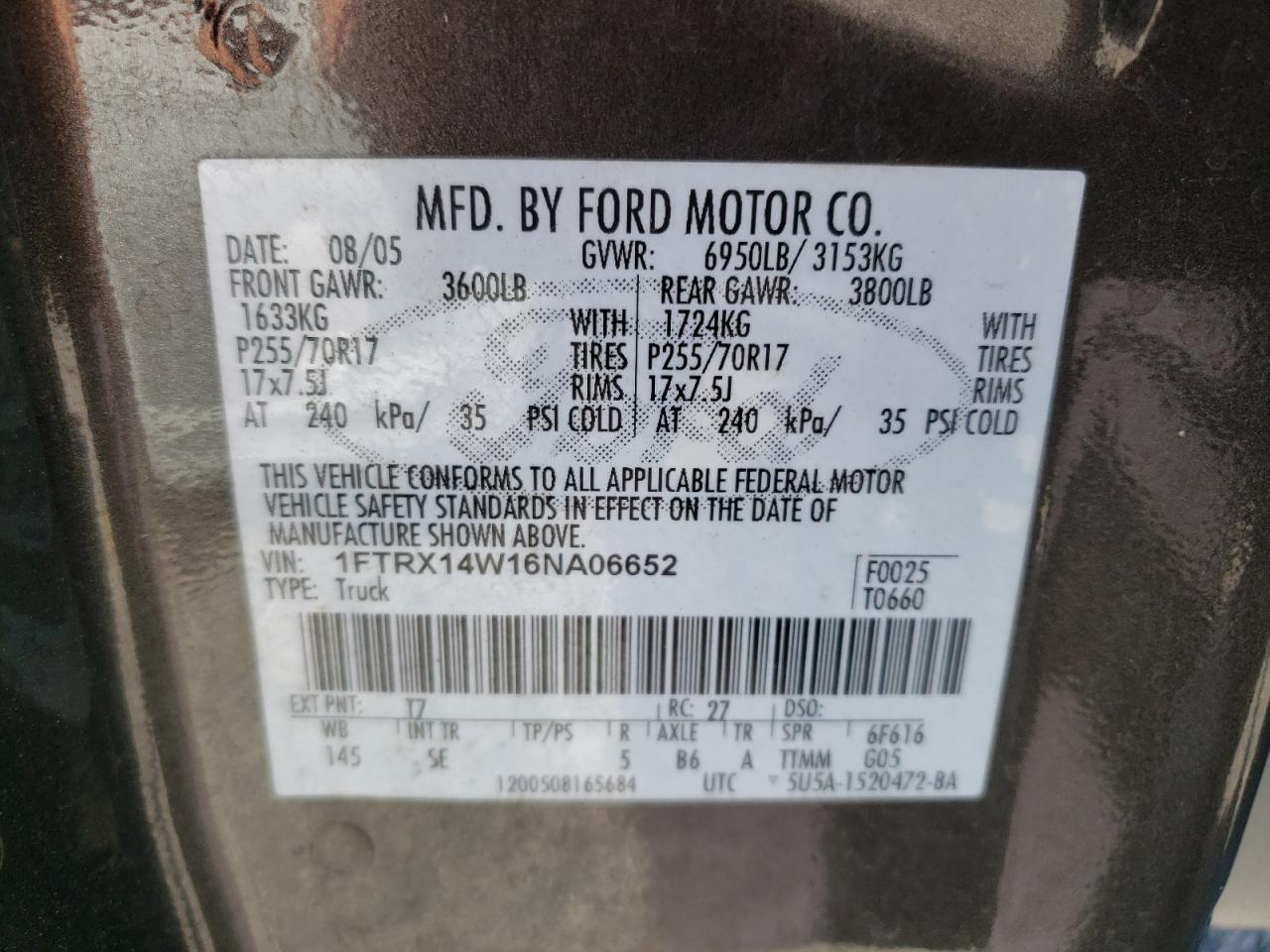 1FTRX14W16NA06652 2006 Ford F150