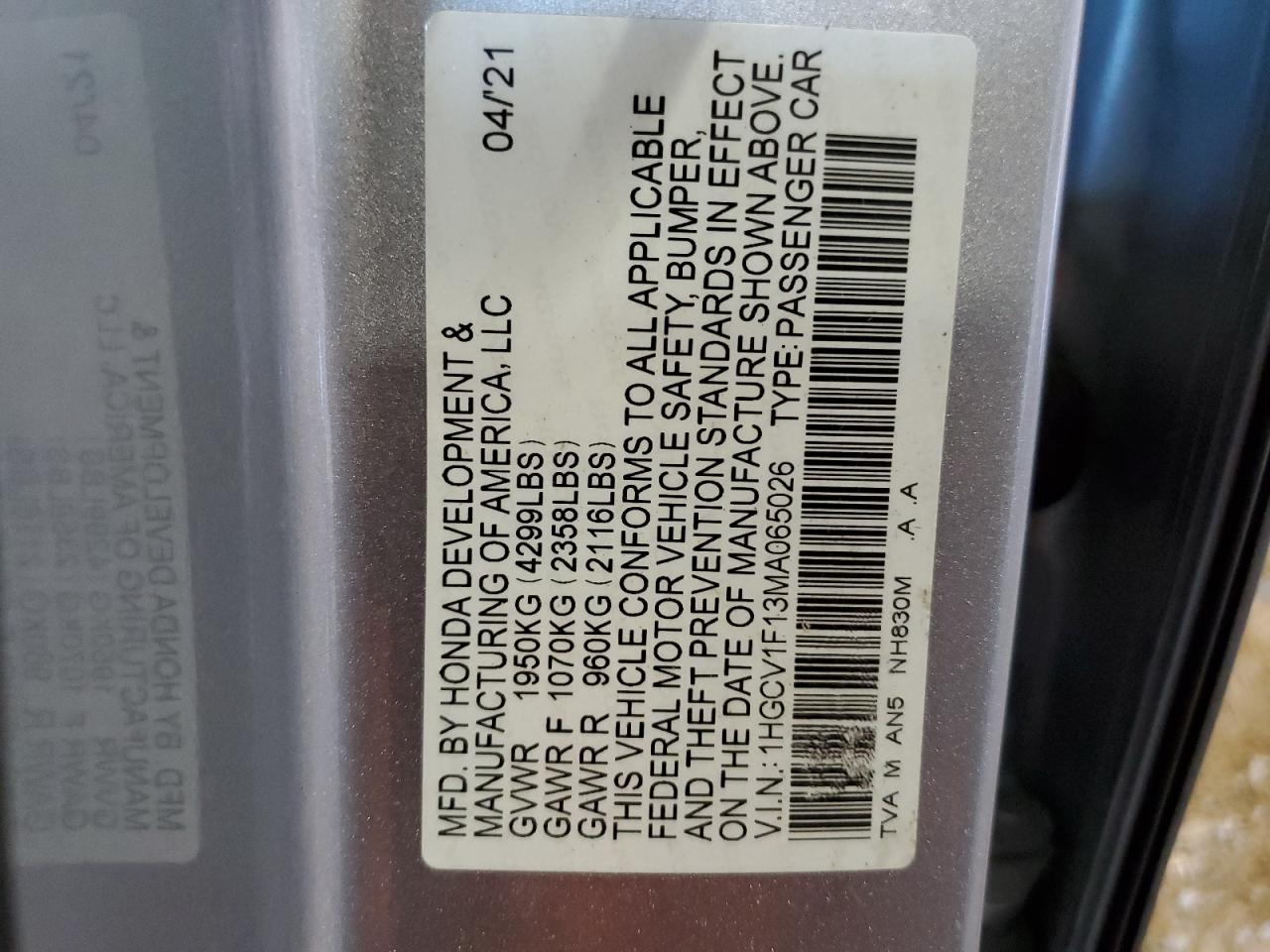 1HGCV1F13MA065026 HONDA ACCORD 2021
