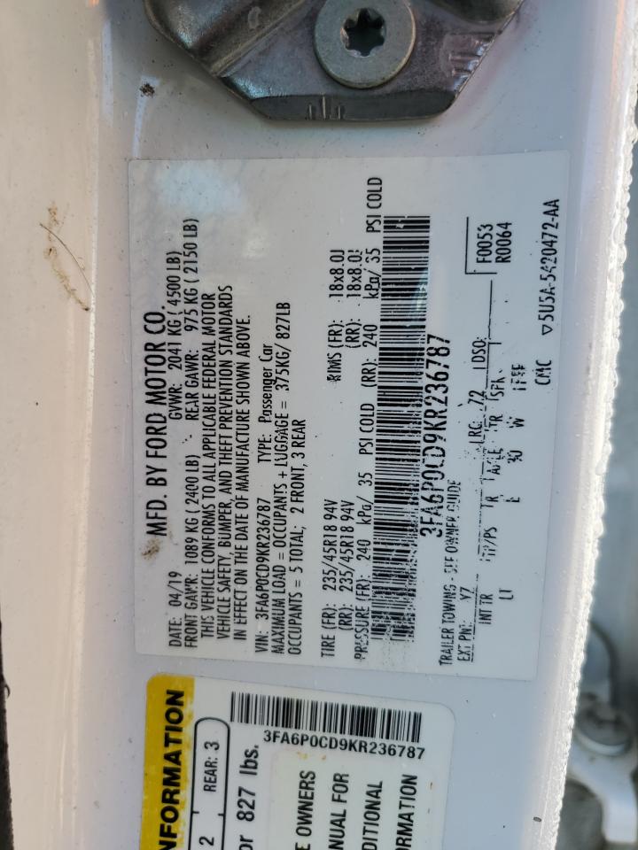 3FA6P0CD9KR236787 FORD FUSION 2019