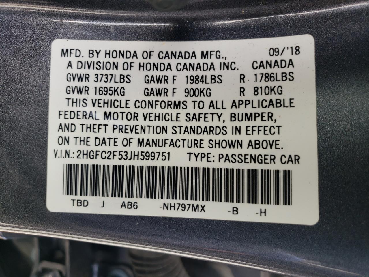 2HGFC2F53JH599751 HONDA CIVIC 2018