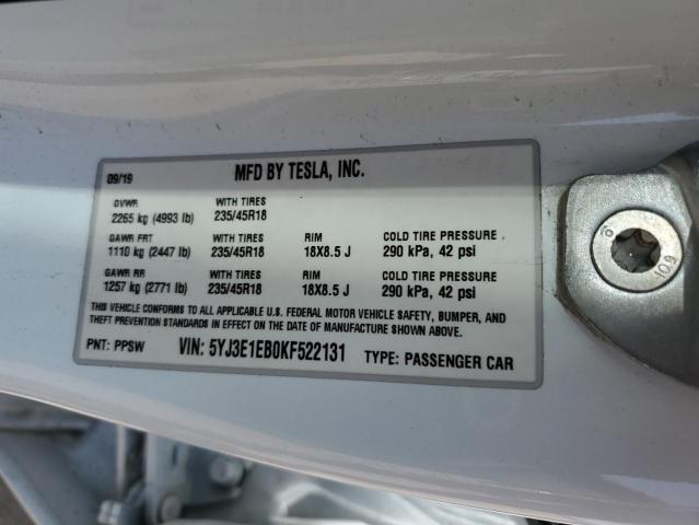 5YJ3E1EB0KF522131 Tesla MODEL 3