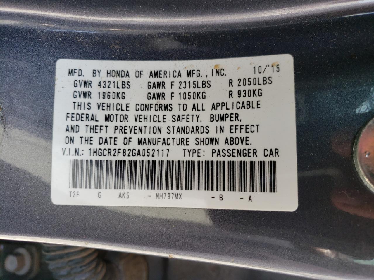 1HGCR2F82GA052117 HONDA ACCORD 2016