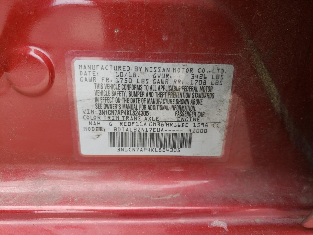 3N1CN7AP4KL824305 NISSAN VERSA 2019