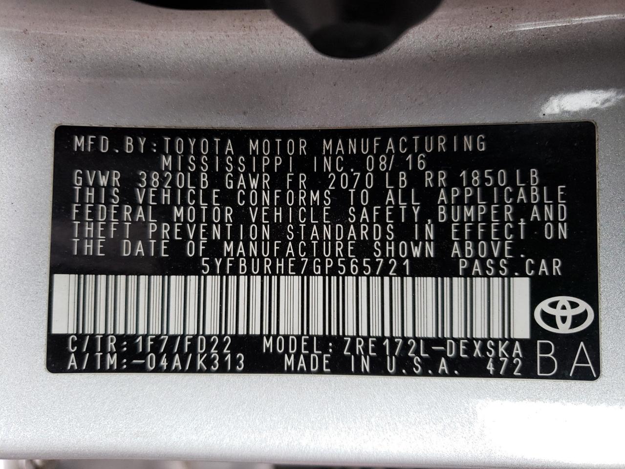 5YFBURHE7GP565721 TOYOTA COROLLA 2016