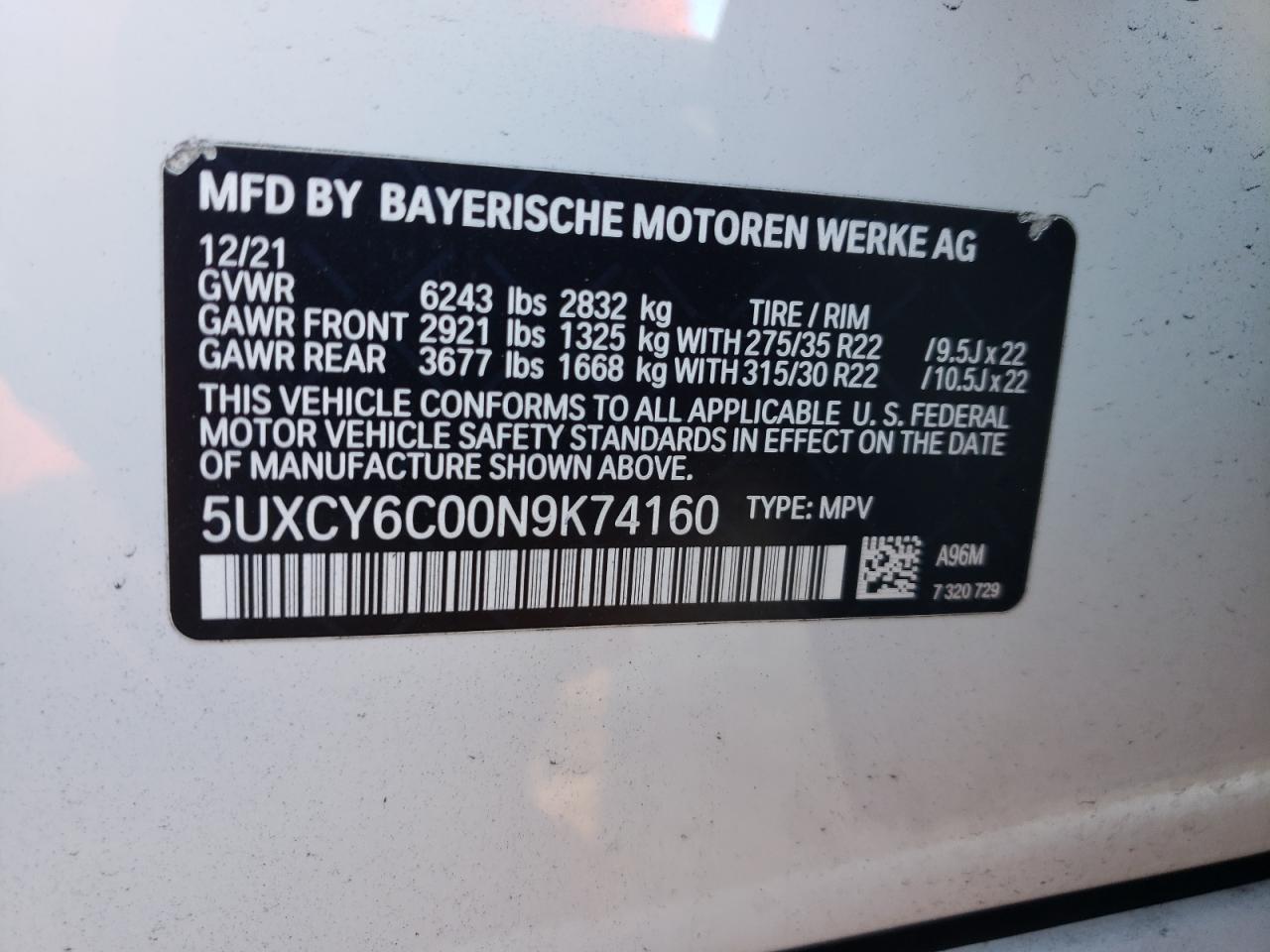 5UXCY6C00N9K74160 2022 BMW X6 xDrive40I