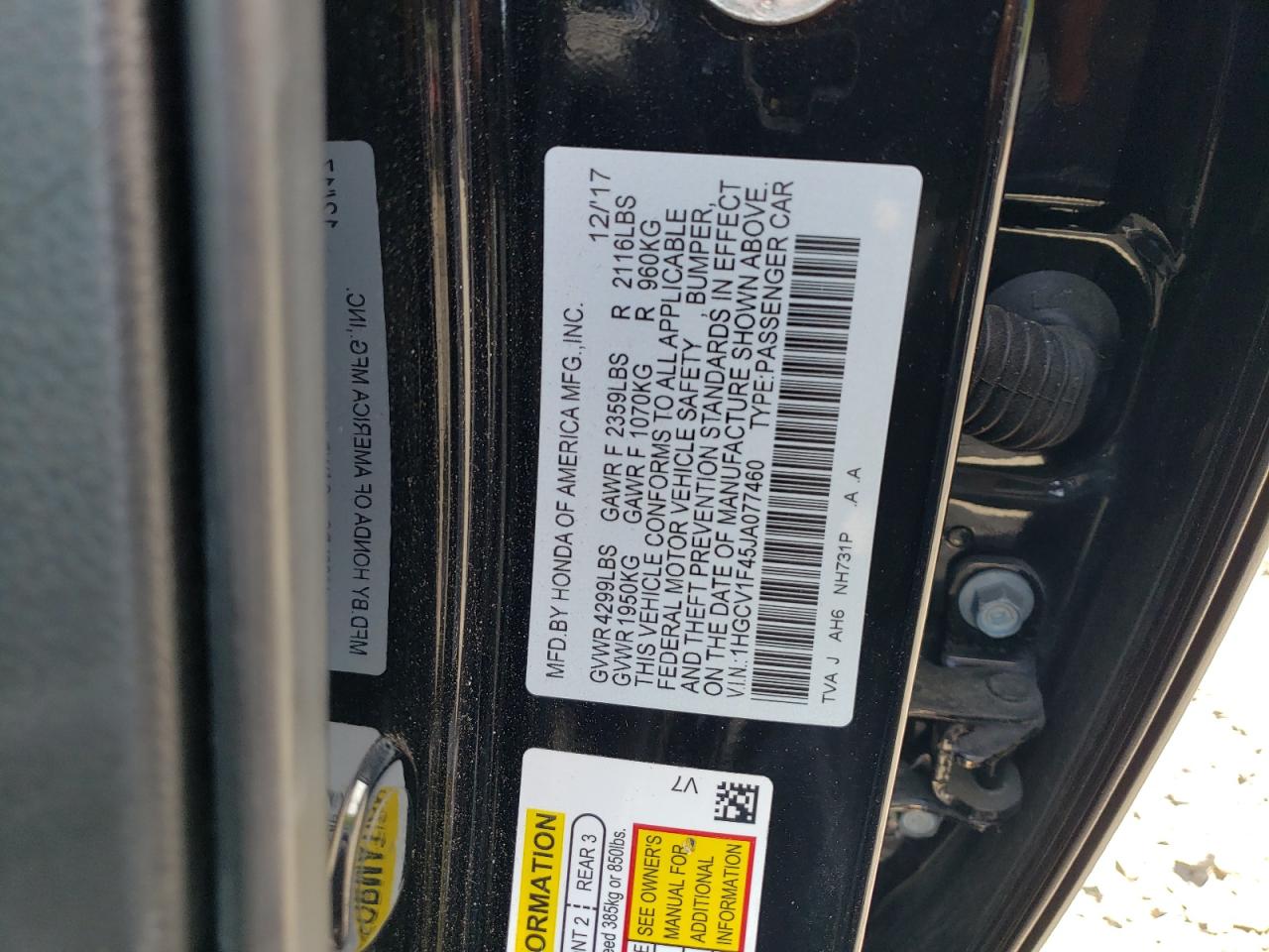 1HGCV1F45JA077460 HONDA ACCORD 2018