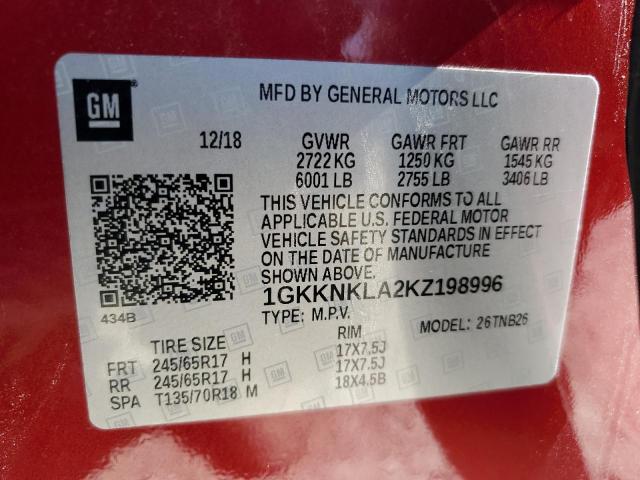 1GKKNKLA2KZ198996 GMC ACADIA SLE