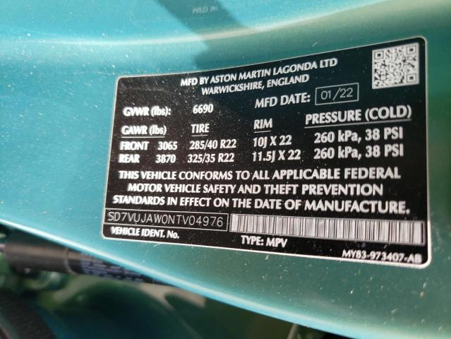 Auction sale of the 2022 ASTON MARTIN DBX , vin: SD7VUJAW0NTV04976, lot number: 48953823