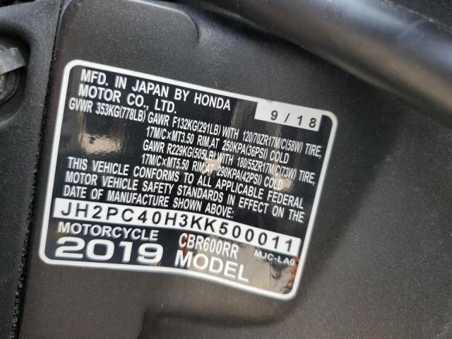 2019 HONDA CBR600 RA JH2PC40H3KK500011