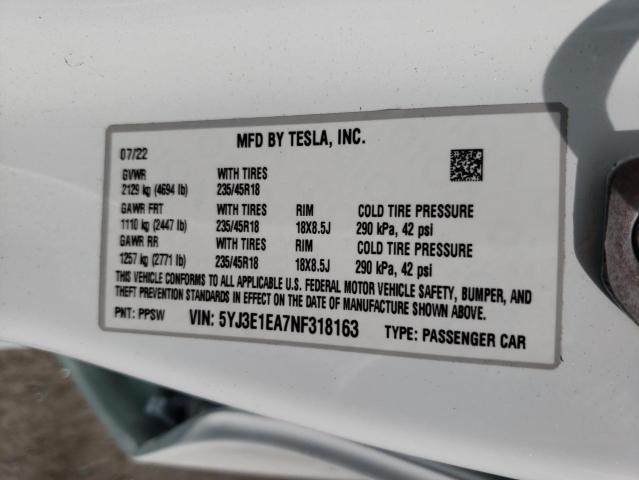 5YJ3E1EA7NF318163 Tesla MODEL 3
