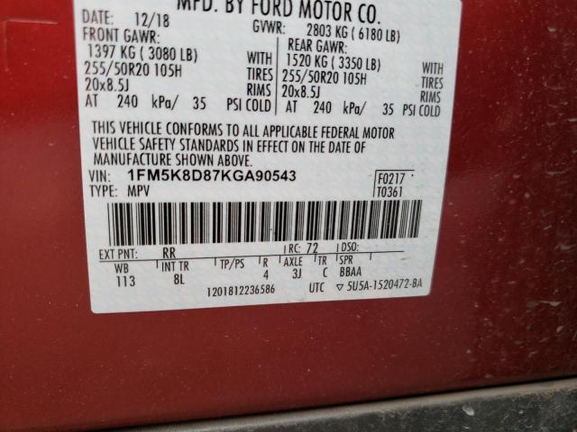 1FM5K8D87KGA90543 Ford EXPLORER XLT