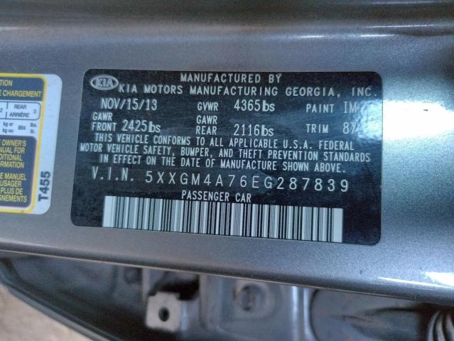 5XXGM4A76EG287839 KIA Optima Lx