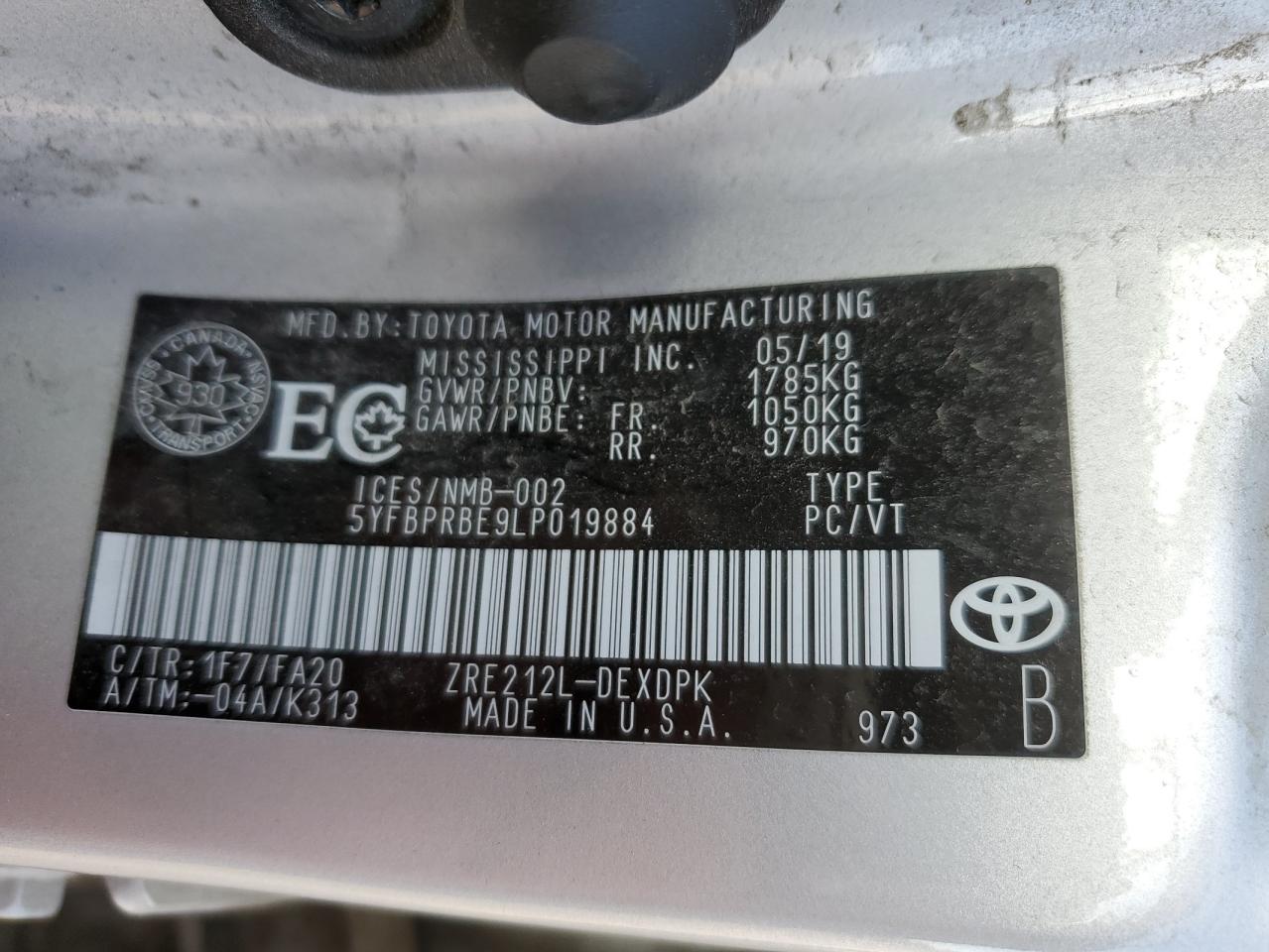 5YFBPRBE9LP019884 TOYOTA COROLLA 2020