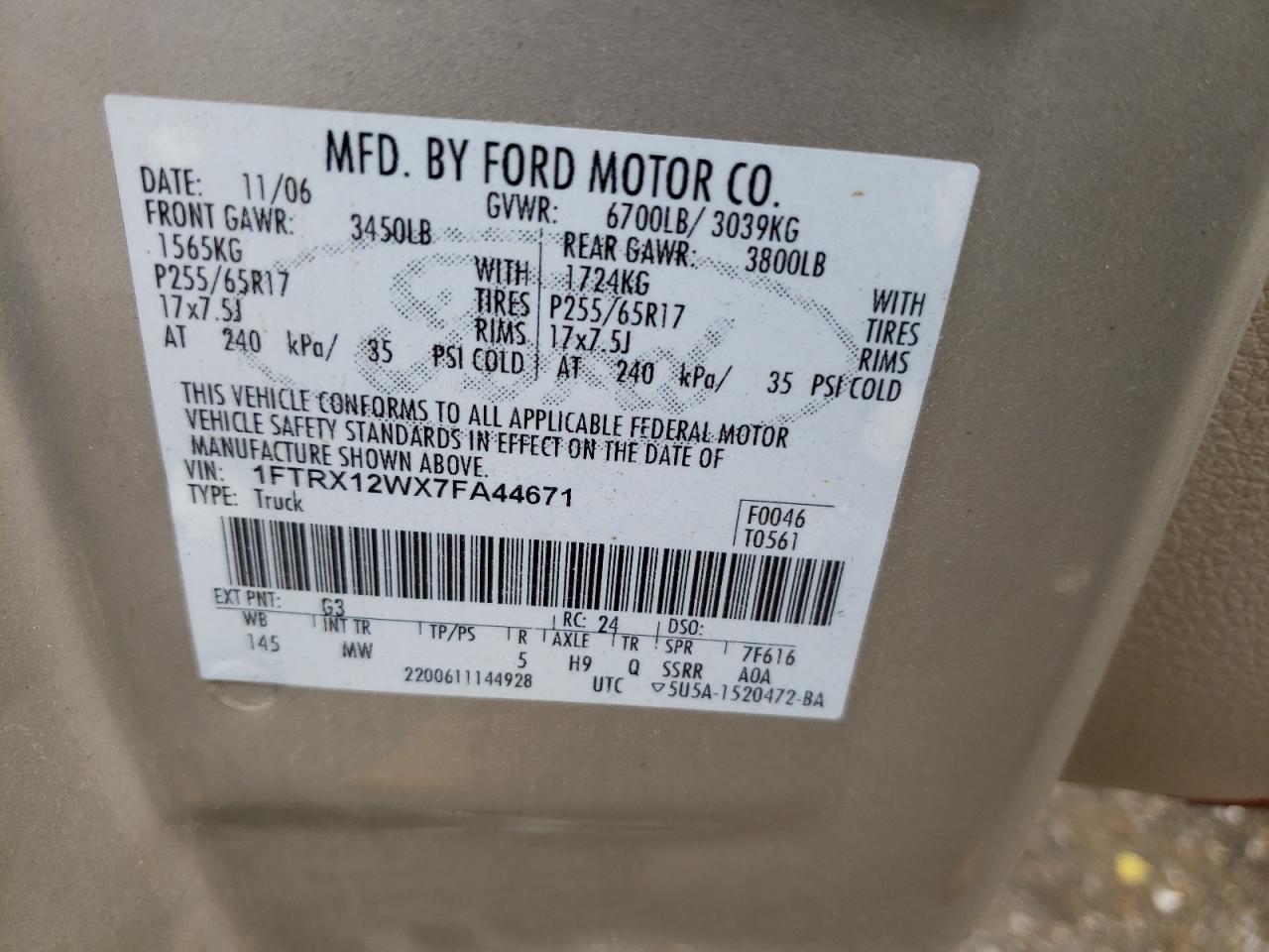 1FTRX12WX7FA44671 2007 Ford F150