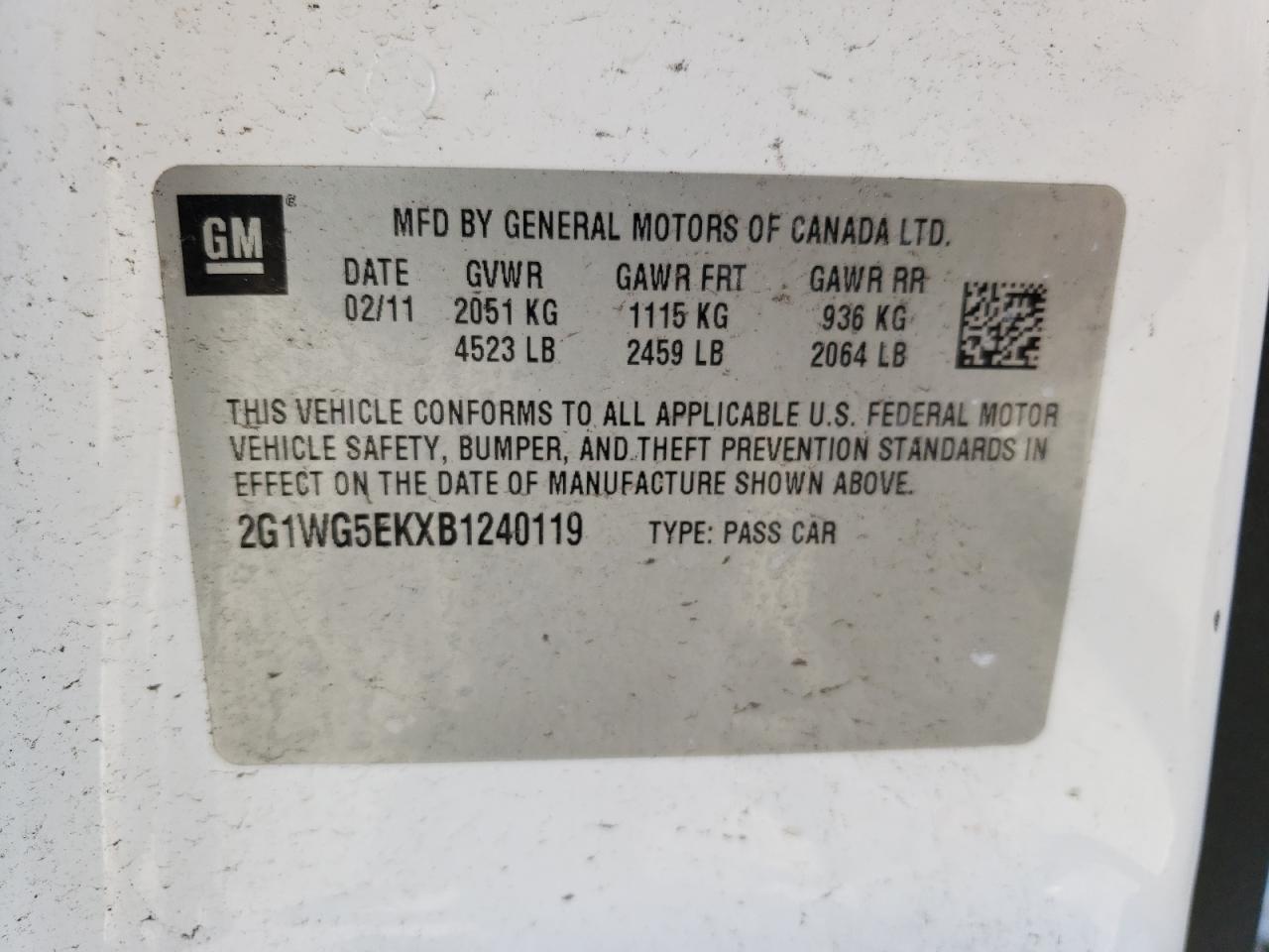 2G1WG5EKXB1240119 2011 Chevrolet Impala Lt