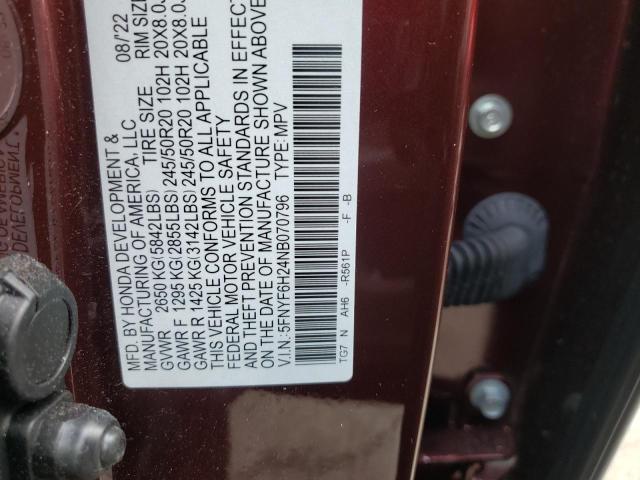 5FNYF6H24NB070796 Honda PILOT SE