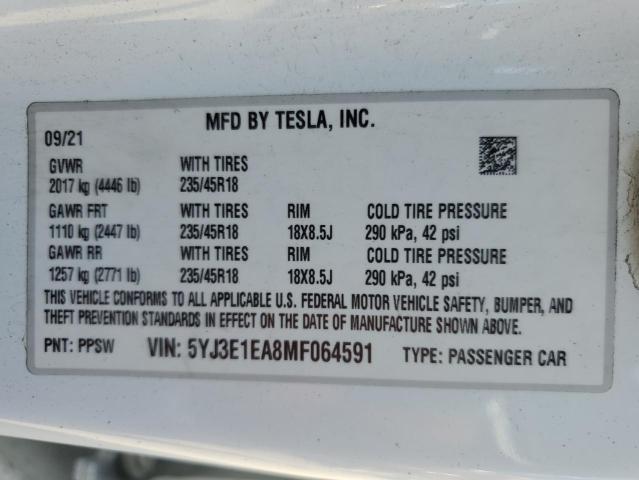 5YJ3E1EA8MF064591 Tesla MODEL 3