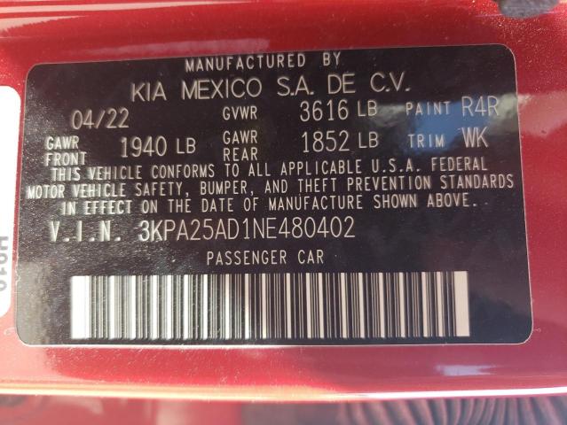 3KPA25AD1NE480402 KIA RIO S