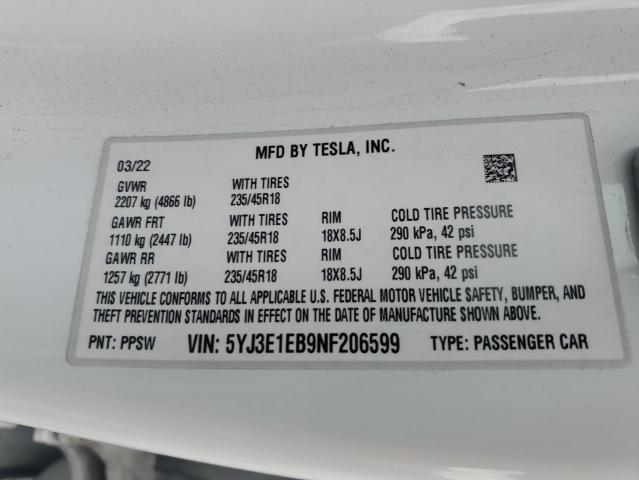 5YJ3E1EB9NF206599 Tesla MODEL 3