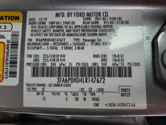 3FA6P0HD4LR147672 2020 FORD FUSION, photo no. 12