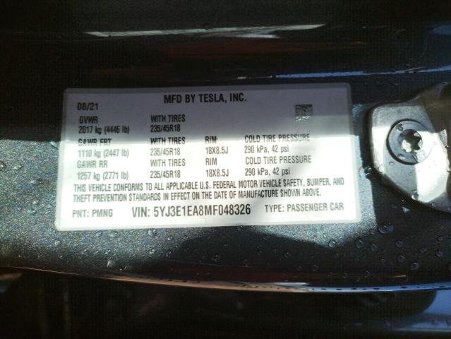 5YJ3E1EA8MF048326 Tesla MODEL 3
