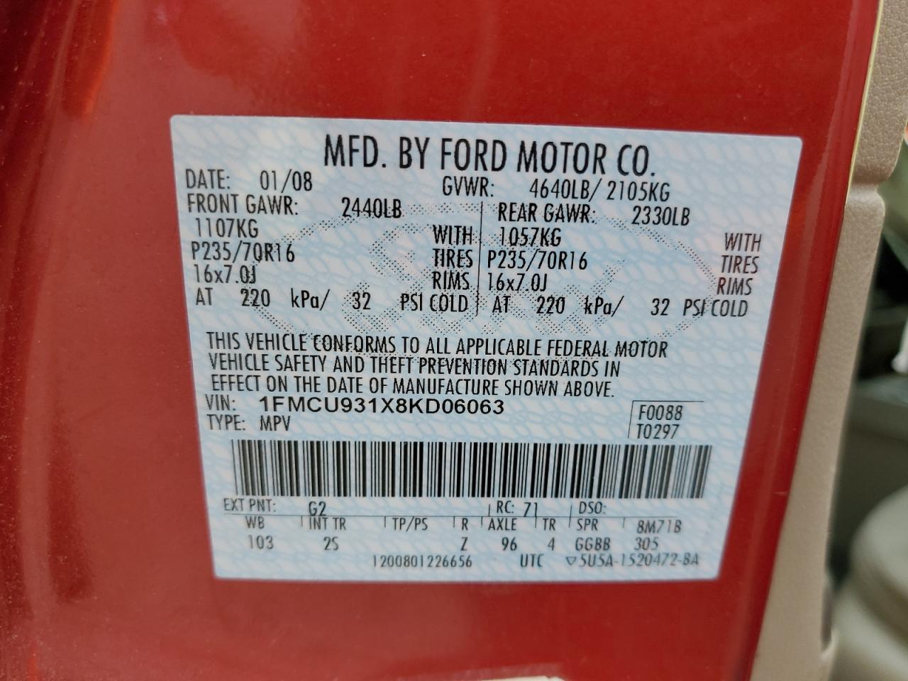 1FMCU931X8KD06063 2008 Ford Escape Xlt