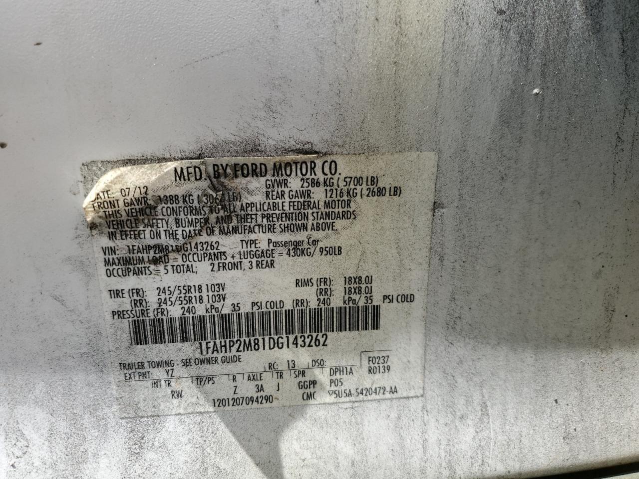 1FAHP2M81DG143262 2013 Ford Taurus at AR - Conway, Copart lot 