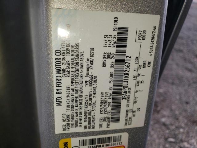 2019 FORD FUSION SE - 3FA6P0LU1KR256712