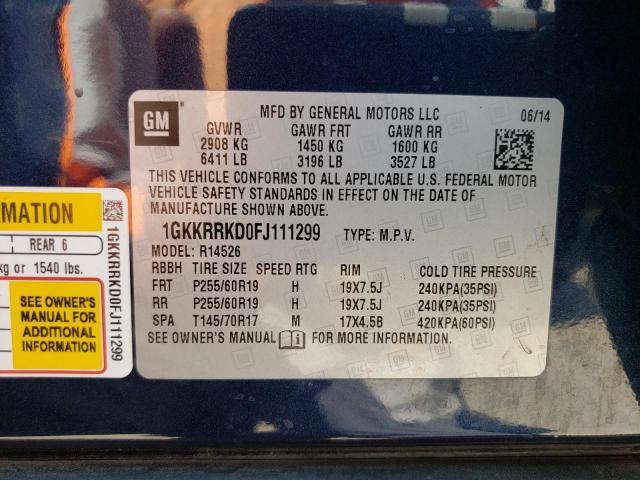 1GKKRRKD0FJ111299 GMC Acadia Slt-1
