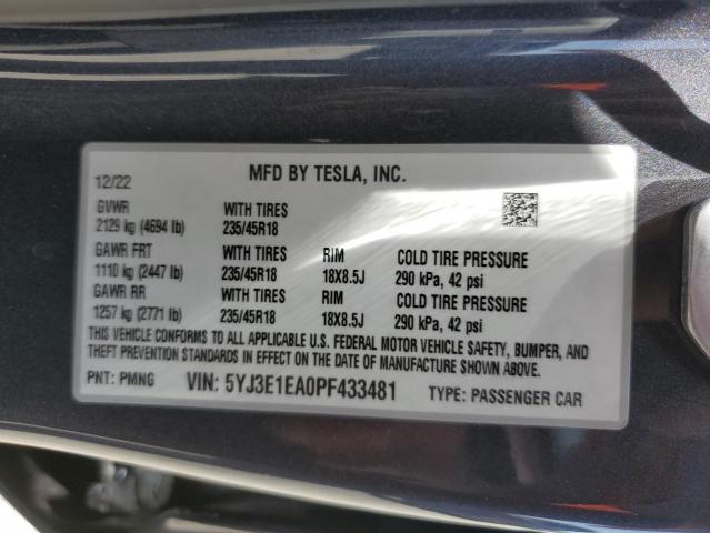 5YJ3E1EA0PF433481 Tesla MODEL 3