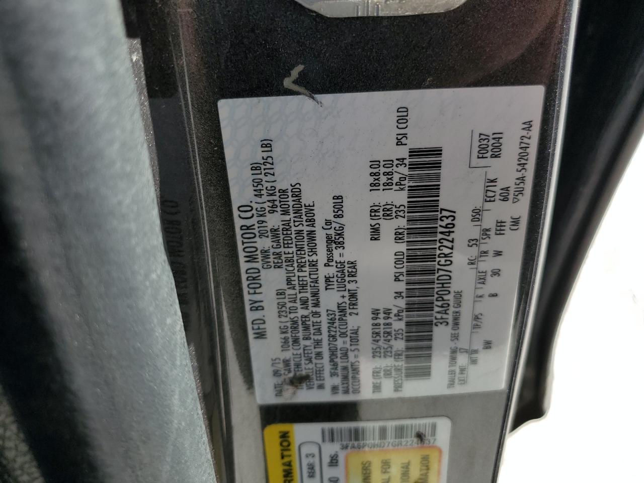 3FA6P0HD7GR224637 FORD FUSION 2016