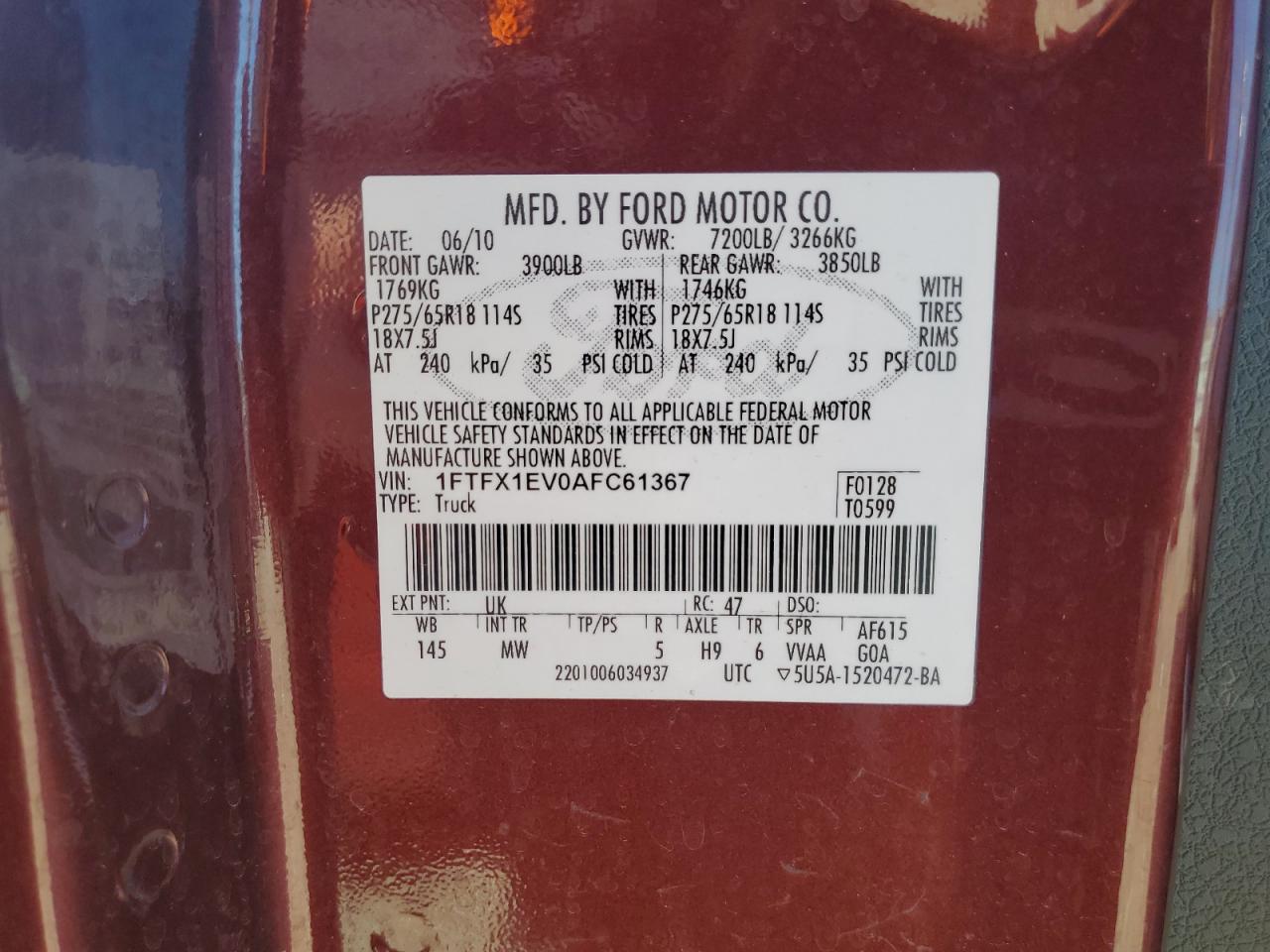 1FTFX1EV0AFC61367 2010 Ford F150 Super Cab