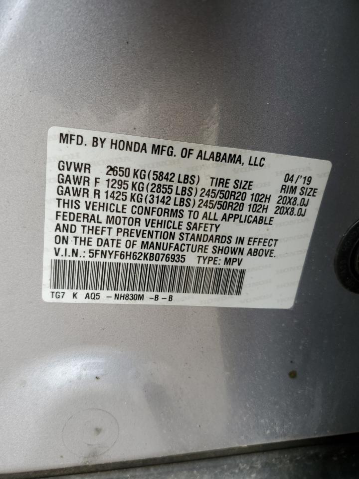 5FNYF6H62KB076935 2019 Honda Pilot Touring