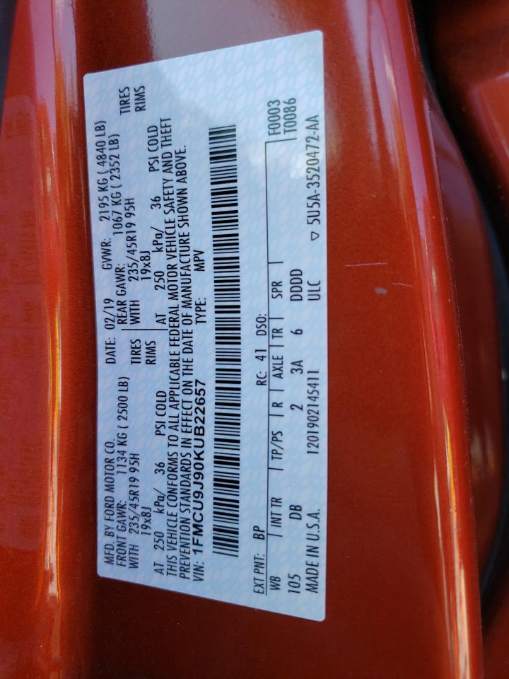 1FMCU9J90KUB22657 FORD ESCAPE 2019