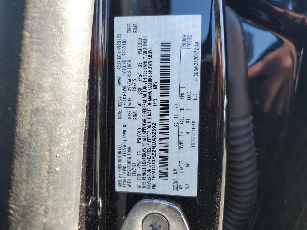 1FMCU0KZ2NUA32392 FORD ESCAPE 2022