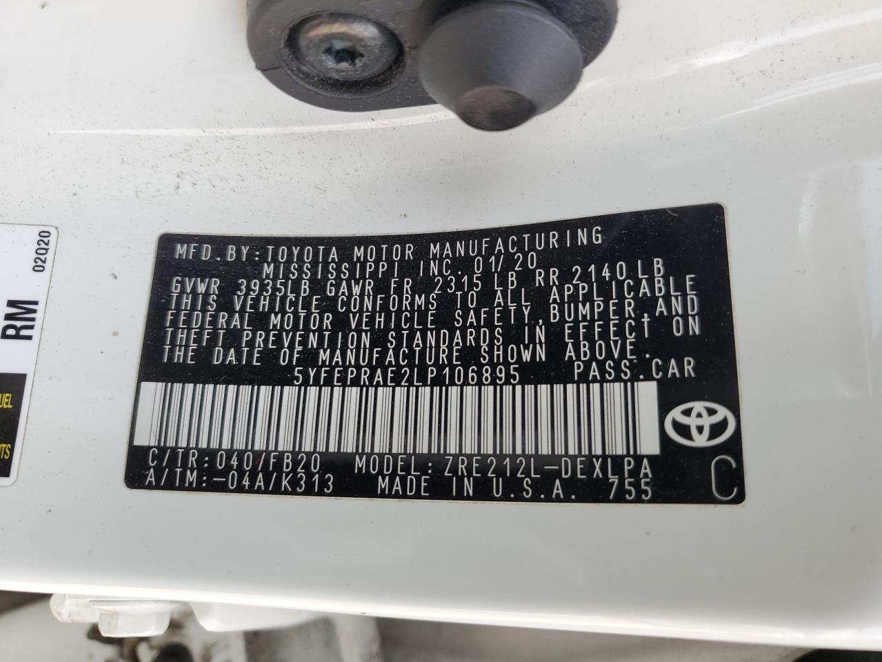 5YFEPRAE2LP106895 2020 Toyota Corolla Le