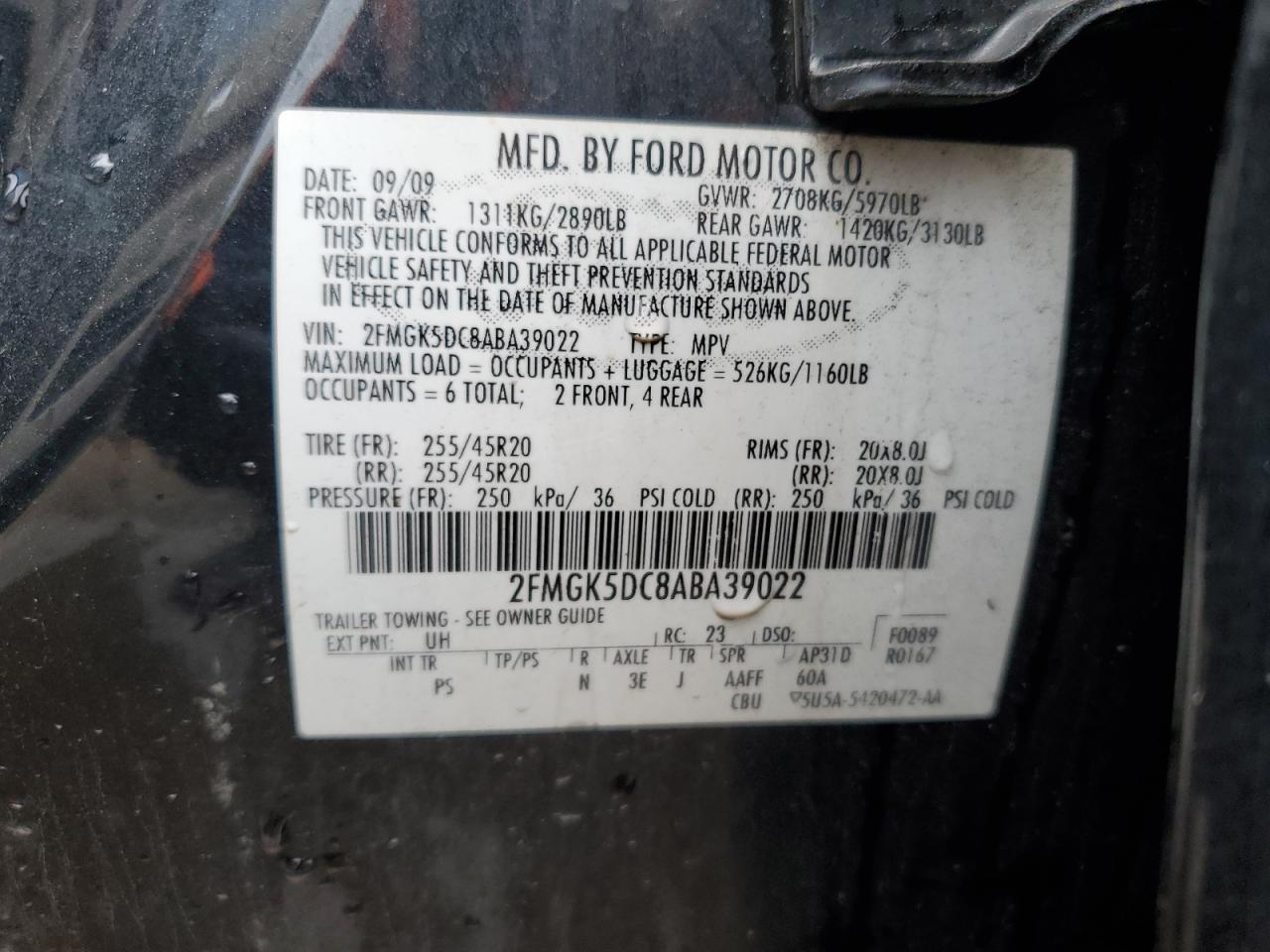 2FMGK5DC8ABA39022 2010 Ford Flex Limited