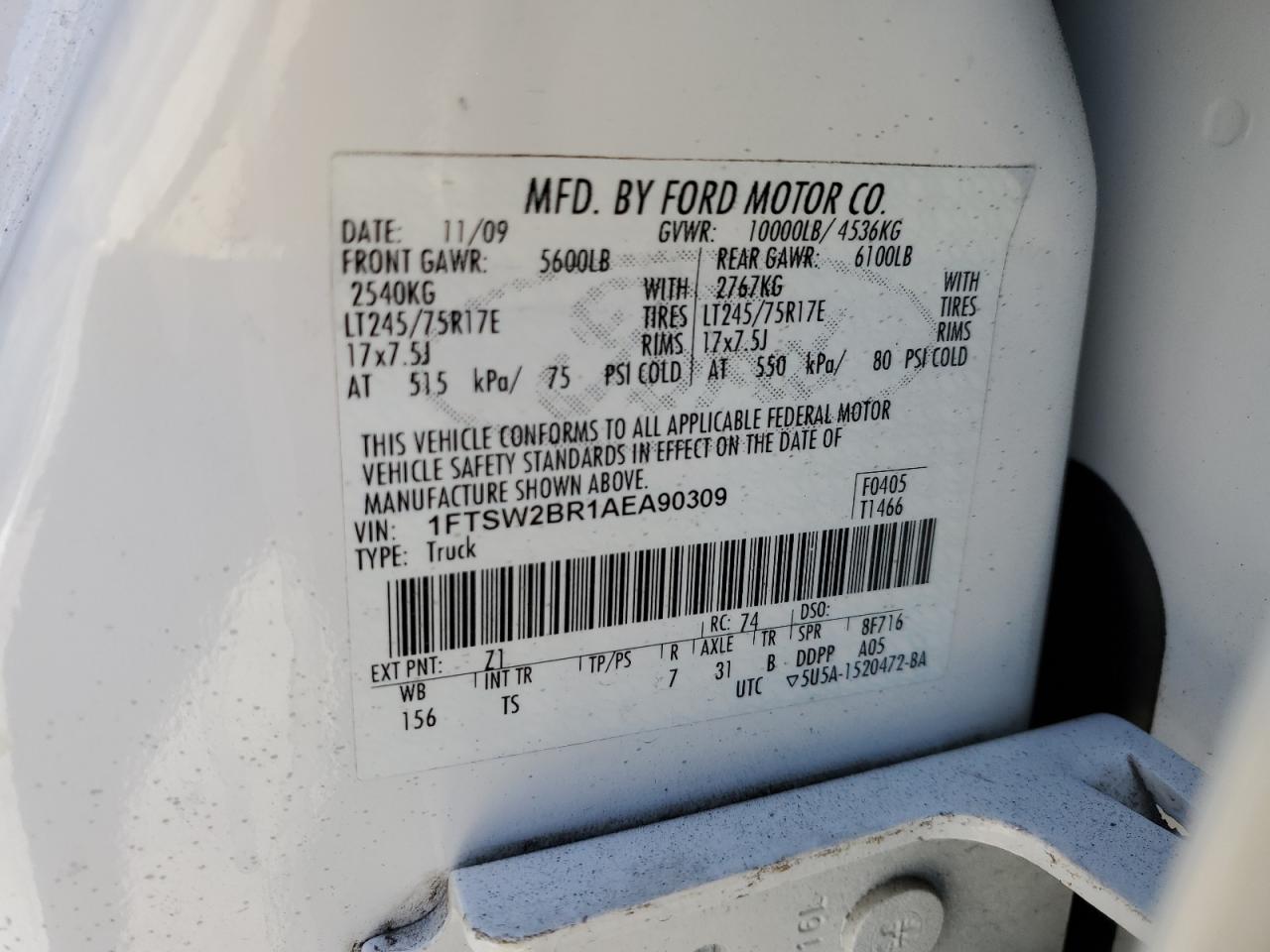 1FTSW2BR1AEA90309 2010 Ford F250 Super Duty