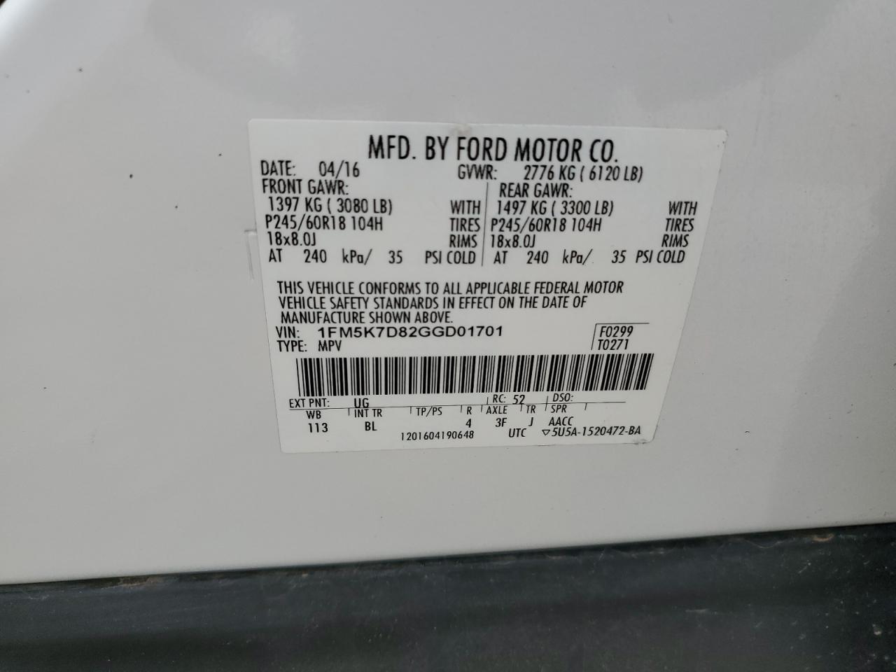 1FM5K7D82GGD01701 FORD EXPLORER 2016