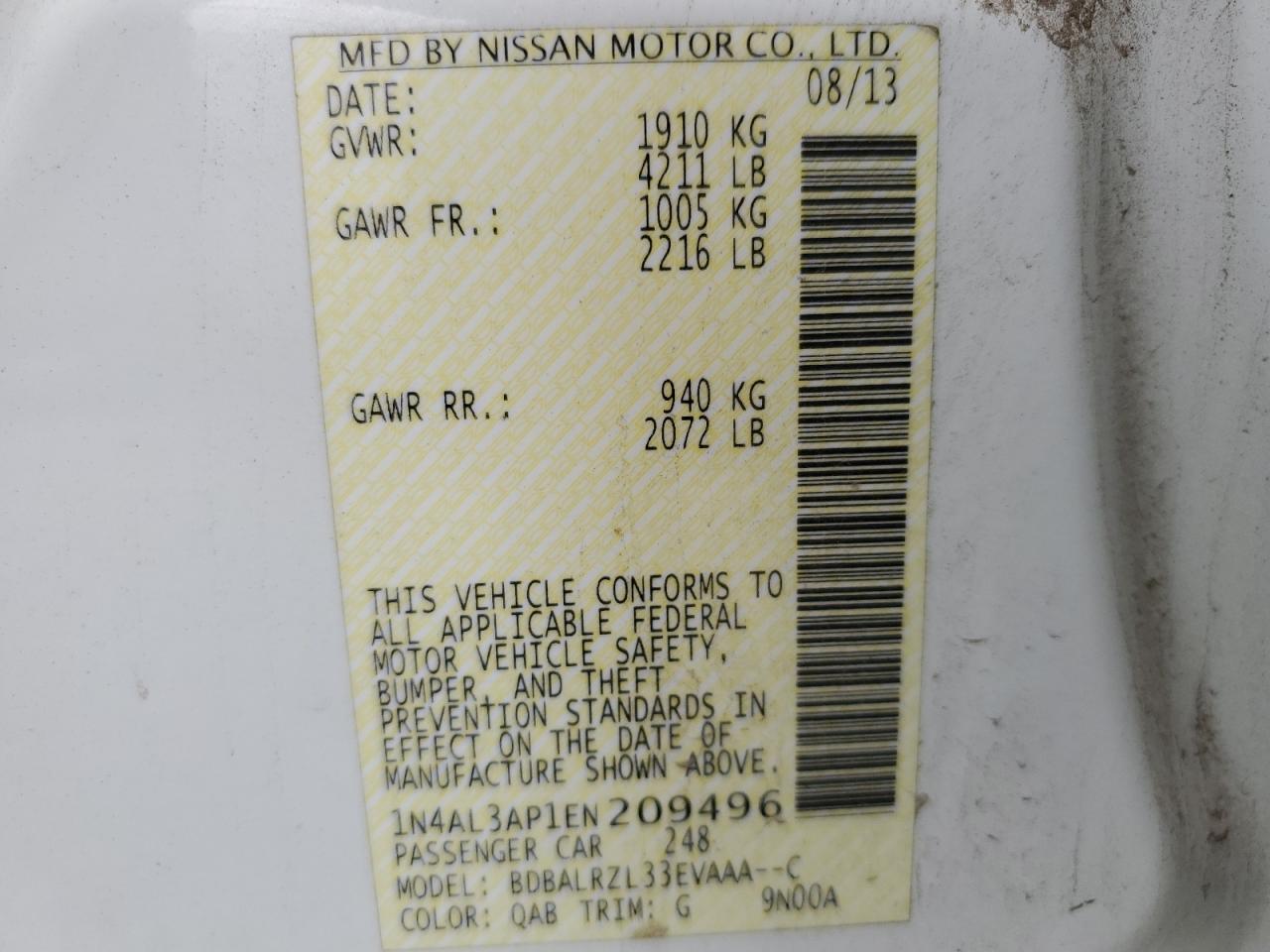 2014 Nissan Altima 2.5 vin: 1N4AL3AP1EN209496